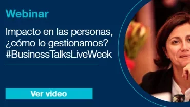 Anuncio de webinar sobre gestión del impacto en las personas. Incluye foto de una persona y enlace para ver video.
